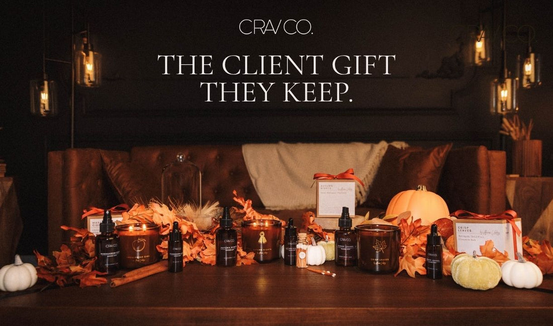 CRAV Co. fall candles, room sprays and diffuser oils styled as client gifts under the headline The Client Gift They Keep
